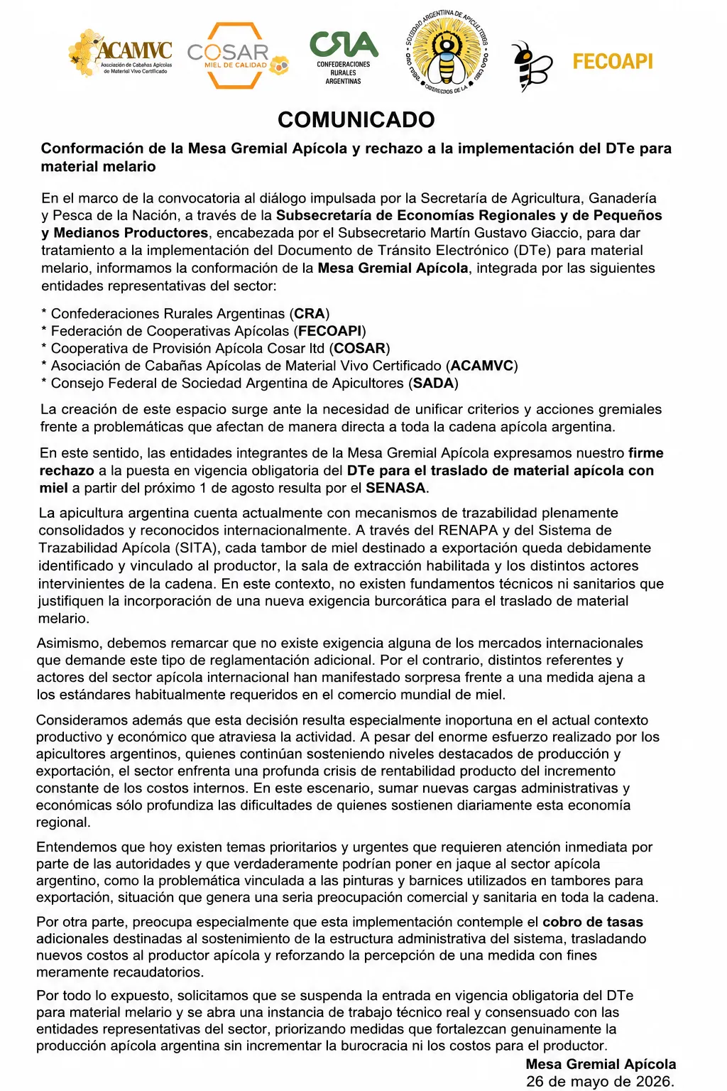 Comunicado de la Mesa Gremial Apícola sobre el rechazo a la implementación del DTe para material melario.